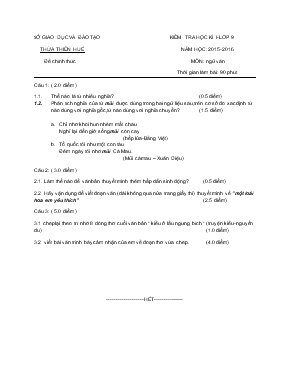 Kiểm tra học kì I - Lớp 9 năm học 2015 - 2016 môn Ngữ Văn